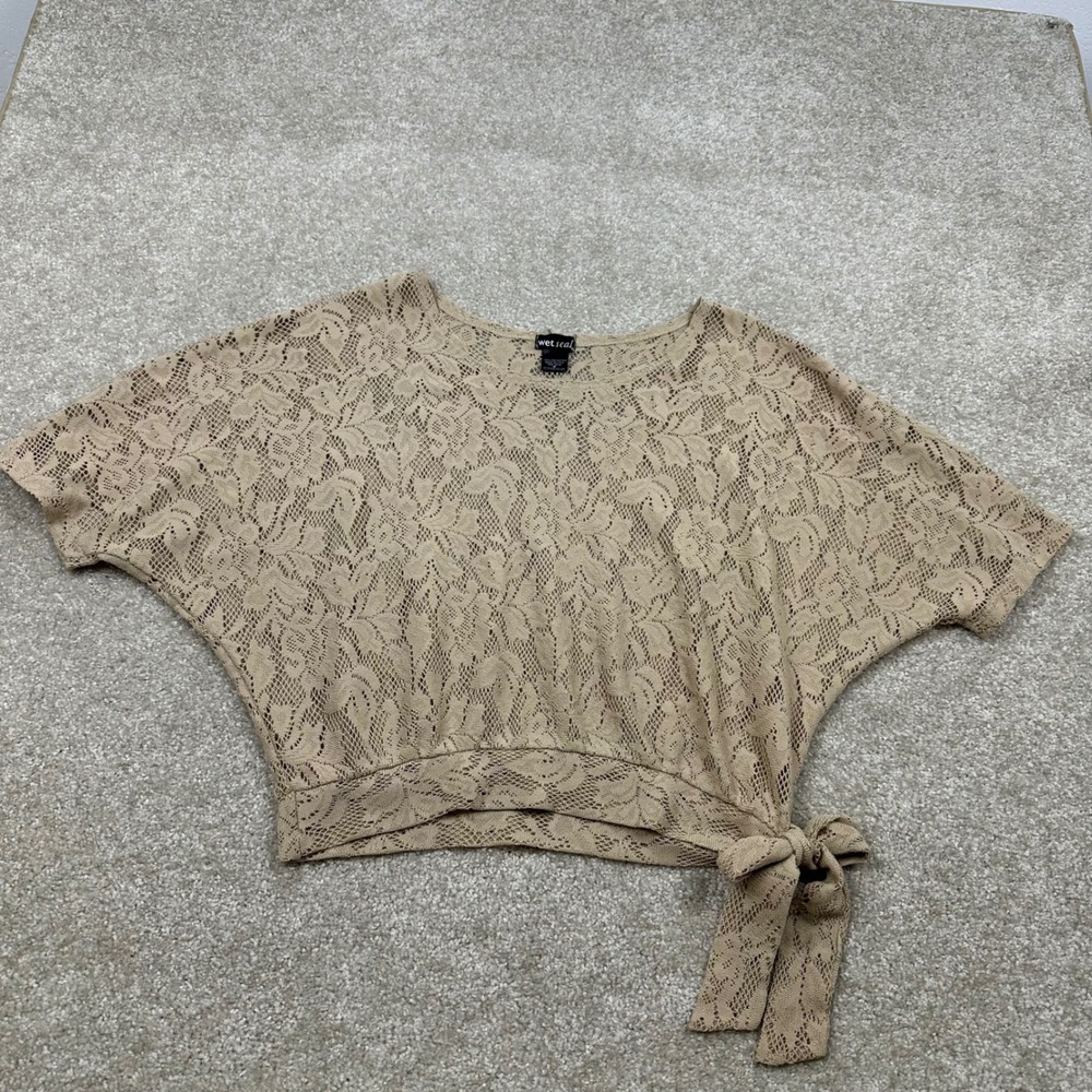 Wet Seal Tan Floral Lace Batwing Side Tie Crop Top Mens‎ Medium Beige Boho Mesh